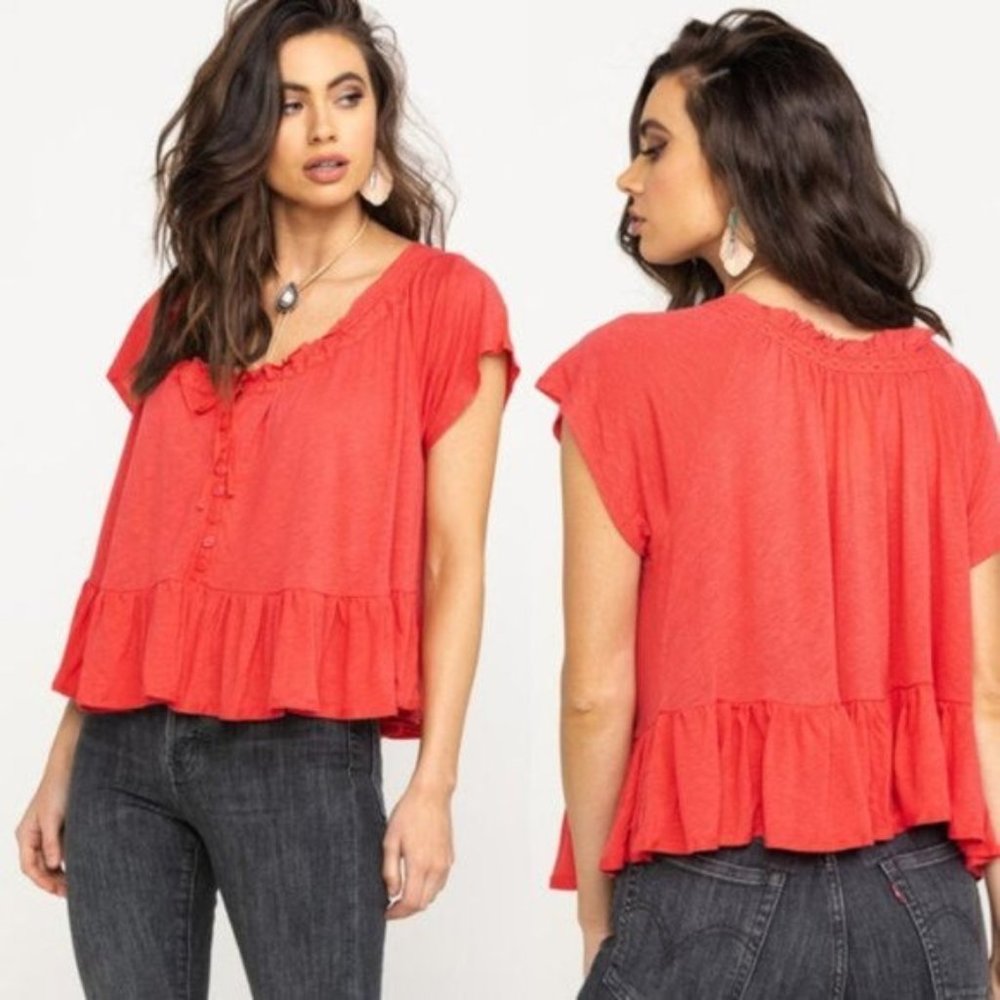 Free People Red Charlie Drawstring Peasant Top